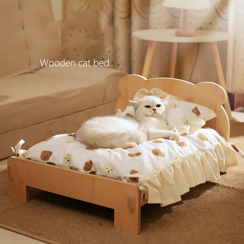 Wooden Cat & Dog Bed – Teddy Bear Design, Indoor Pet Furniture, 20x11"