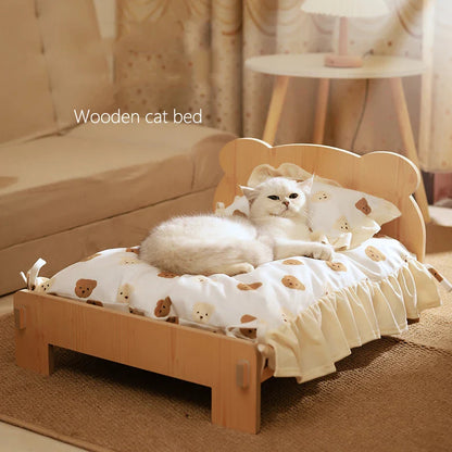 Wooden Cat & Dog Bed – Teddy Bear Design, Indoor Pet Furniture, 20x11"