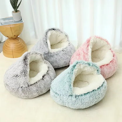 2-in-1 Winter Plush Cat Bed – Round, Warm Cushion & Cave for Cats & Small Dogs