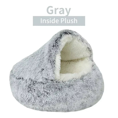2-in-1 Winter Plush Cat Bed – Round, Warm Cushion & Cave for Cats & Small Dogs
