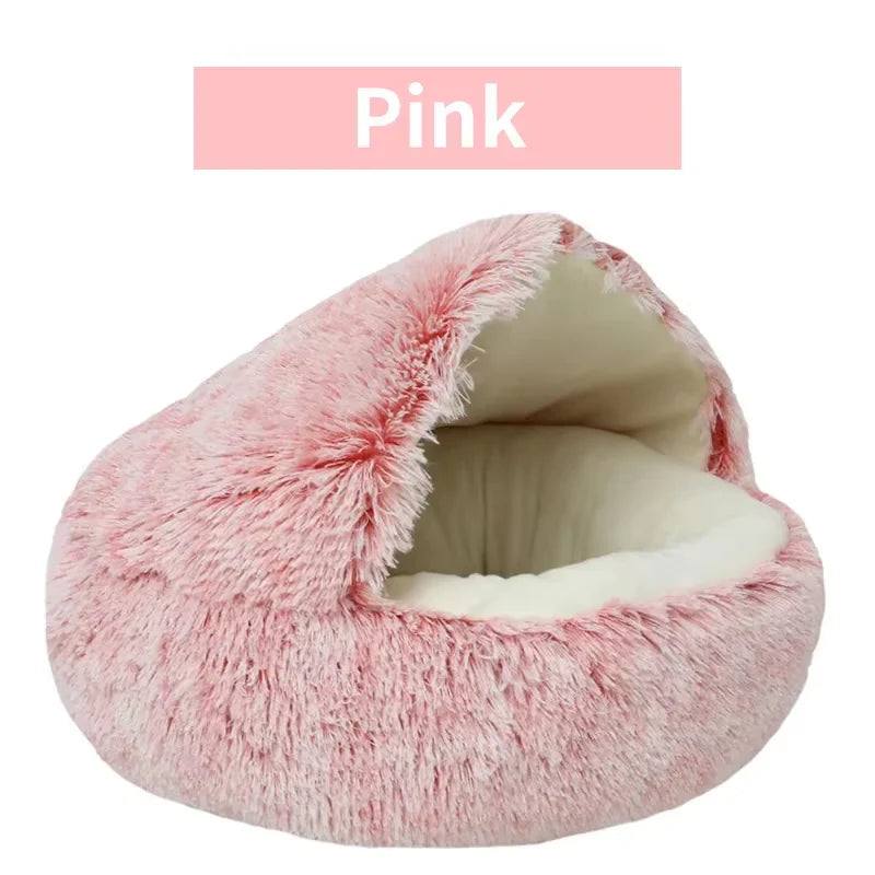 2-in-1 Winter Plush Cat Bed – Round, Warm Cushion & Cave for Cats & Small Dogs