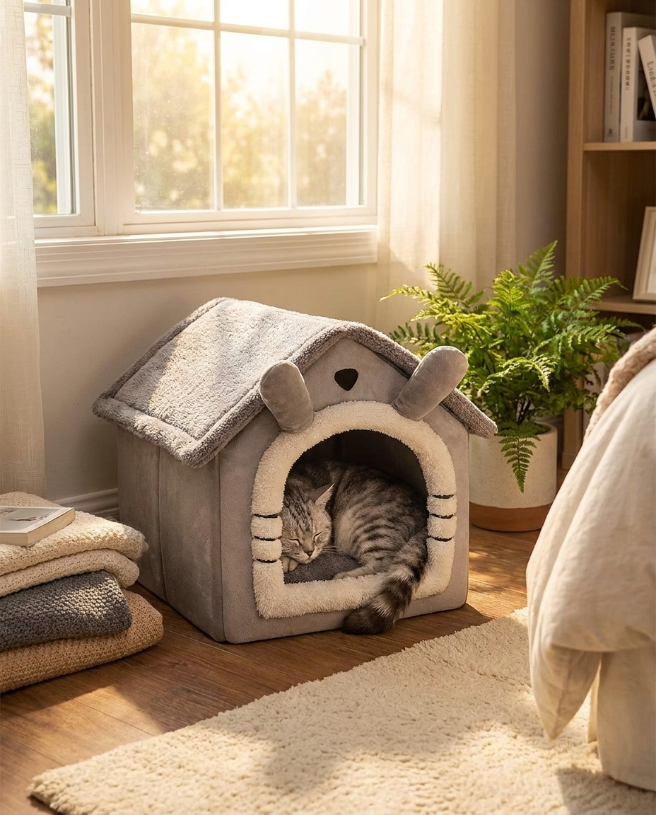 Indoor Dog & Cat House – Warm Tent Bed with Removable, Washable Cushion, All-Season